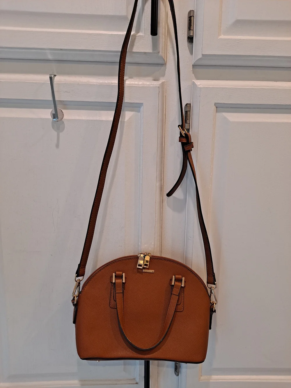 Lovevook Structured Tan Dome Satchel Saffiano Vegan Handbag with Gold Hardware
